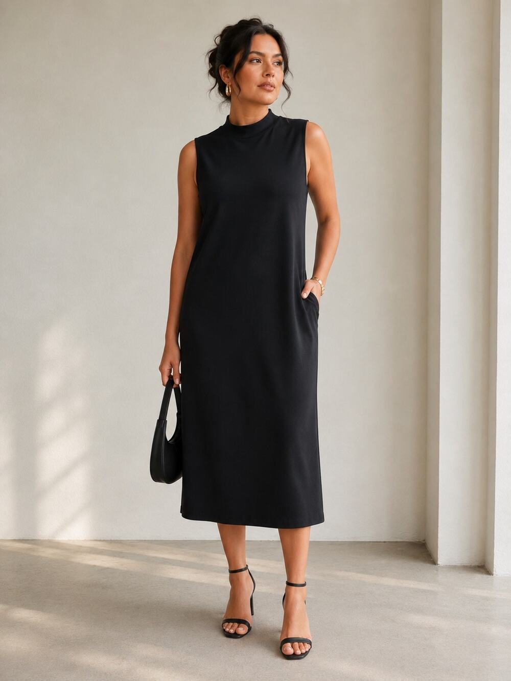 Zara Womens XL Mock Neck Tunic Sheath Dress Black Sleeveless Stretch Layering